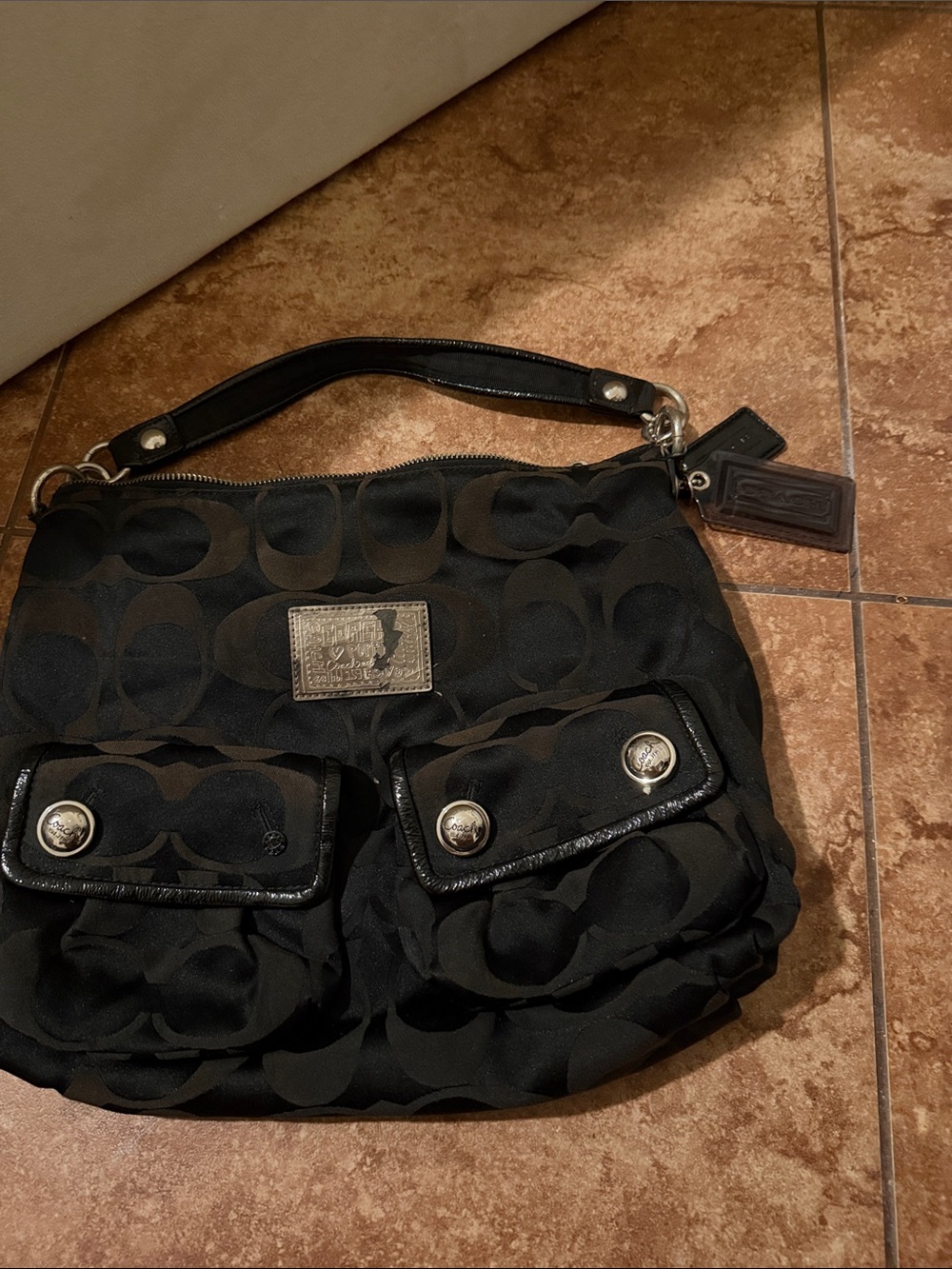 Coach Black Signature Canvas Shoulder Hobo with Front Pockets
